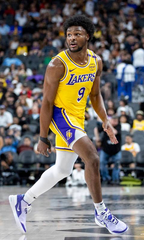Los Angeles Lakers guard Bronny James Jr. (9) watches a play near the hoop during the NBA prese ...