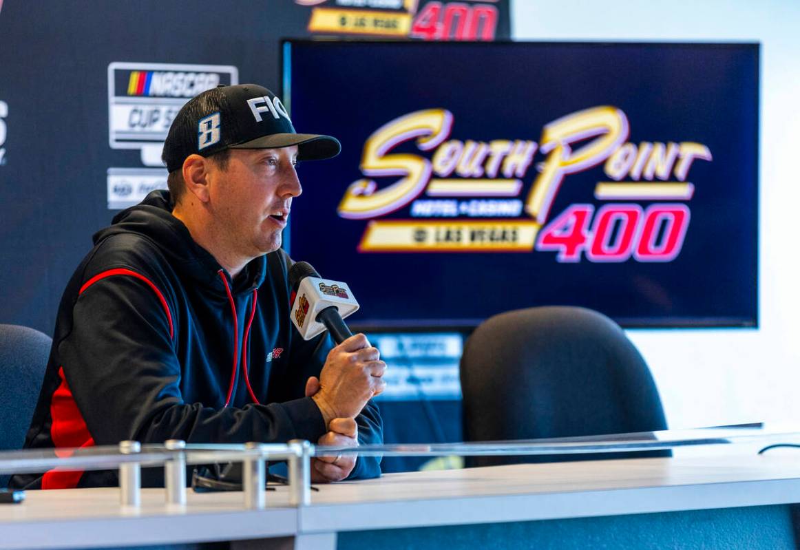 Kyle Busch talks with the media before NASCAR Cup Series practice and qualifying for the South ...