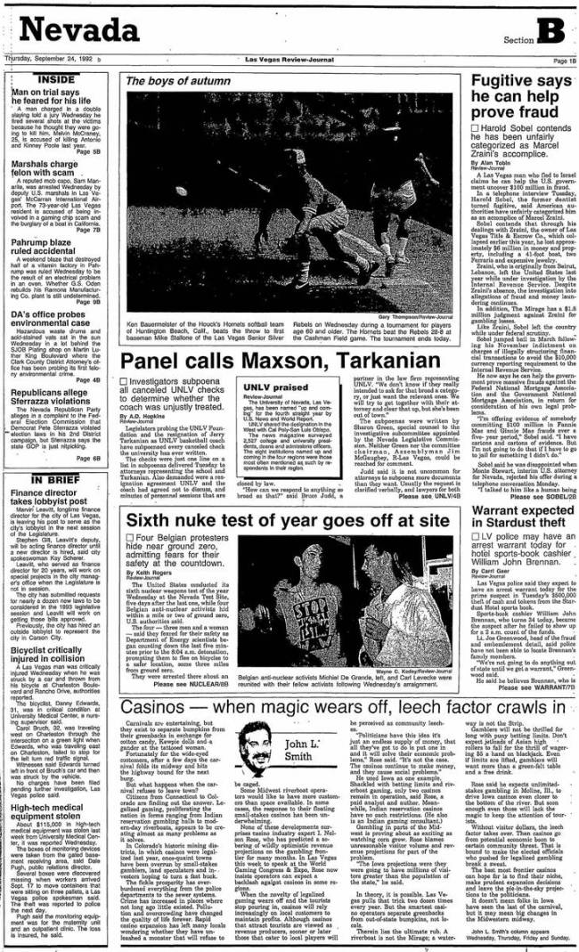 The Nevada section front from the Sept. 24, 1992, Las Vegas Review-Journal. (Review-Journal)