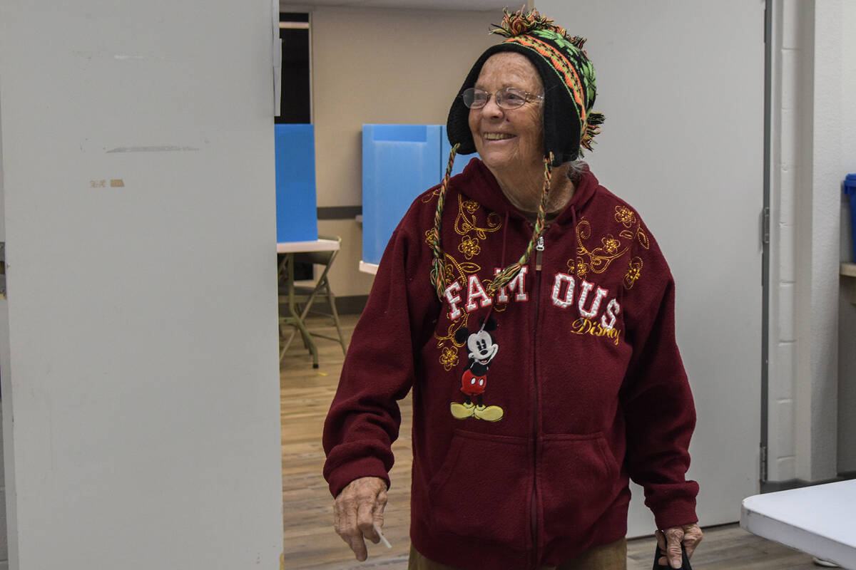 Dessa Stroad, 76, was the last voter to cast their ballot in Nye County at 9:32 p.m. on Electio ...