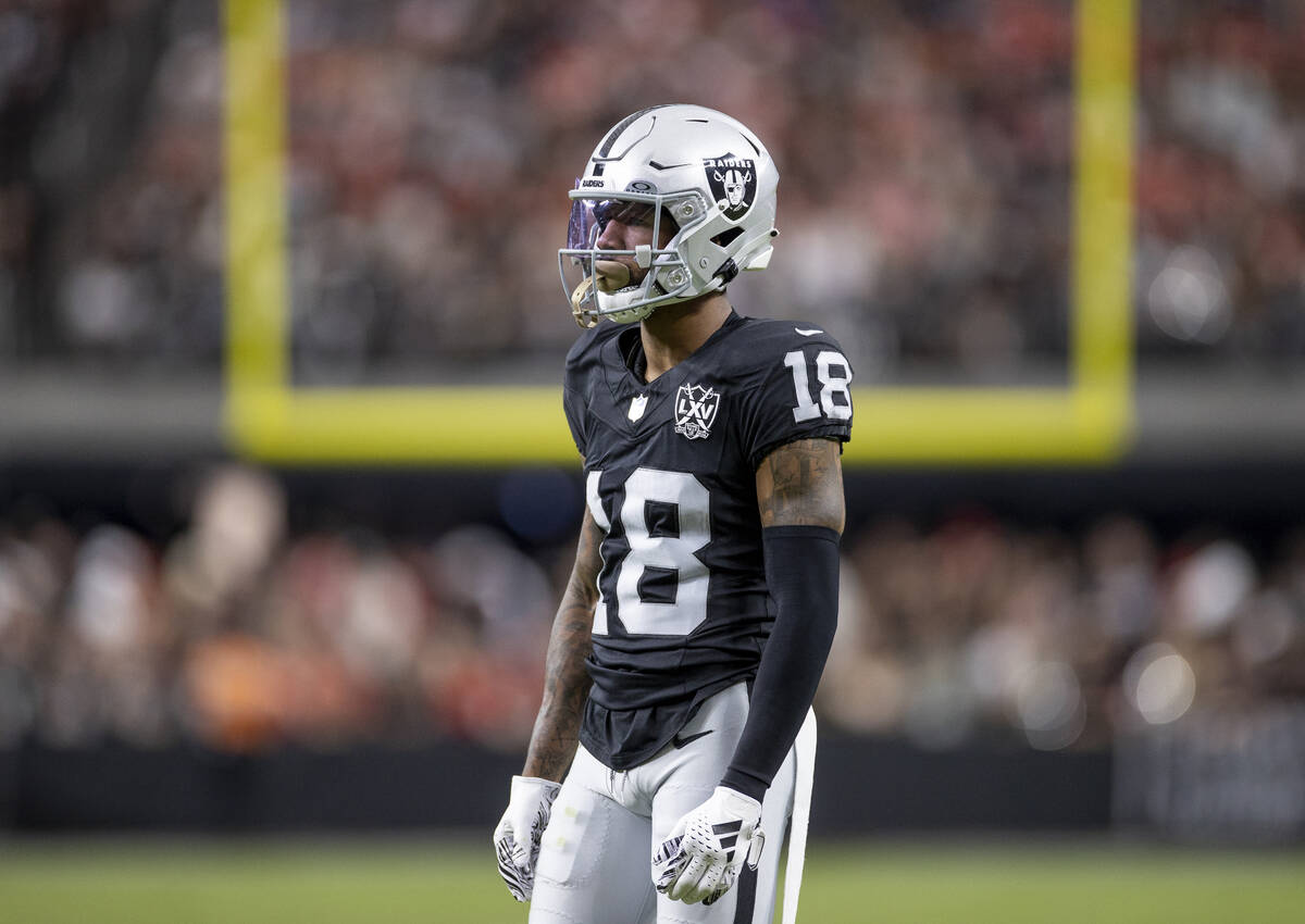 Raiders cornerback Jack Jones (18) waits for a play during the second half of the NFL football ...