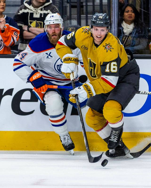 Golden Knights left wing Pavel Dorofeyev (16) advances the puck against Edmonton Oilers goalten ...