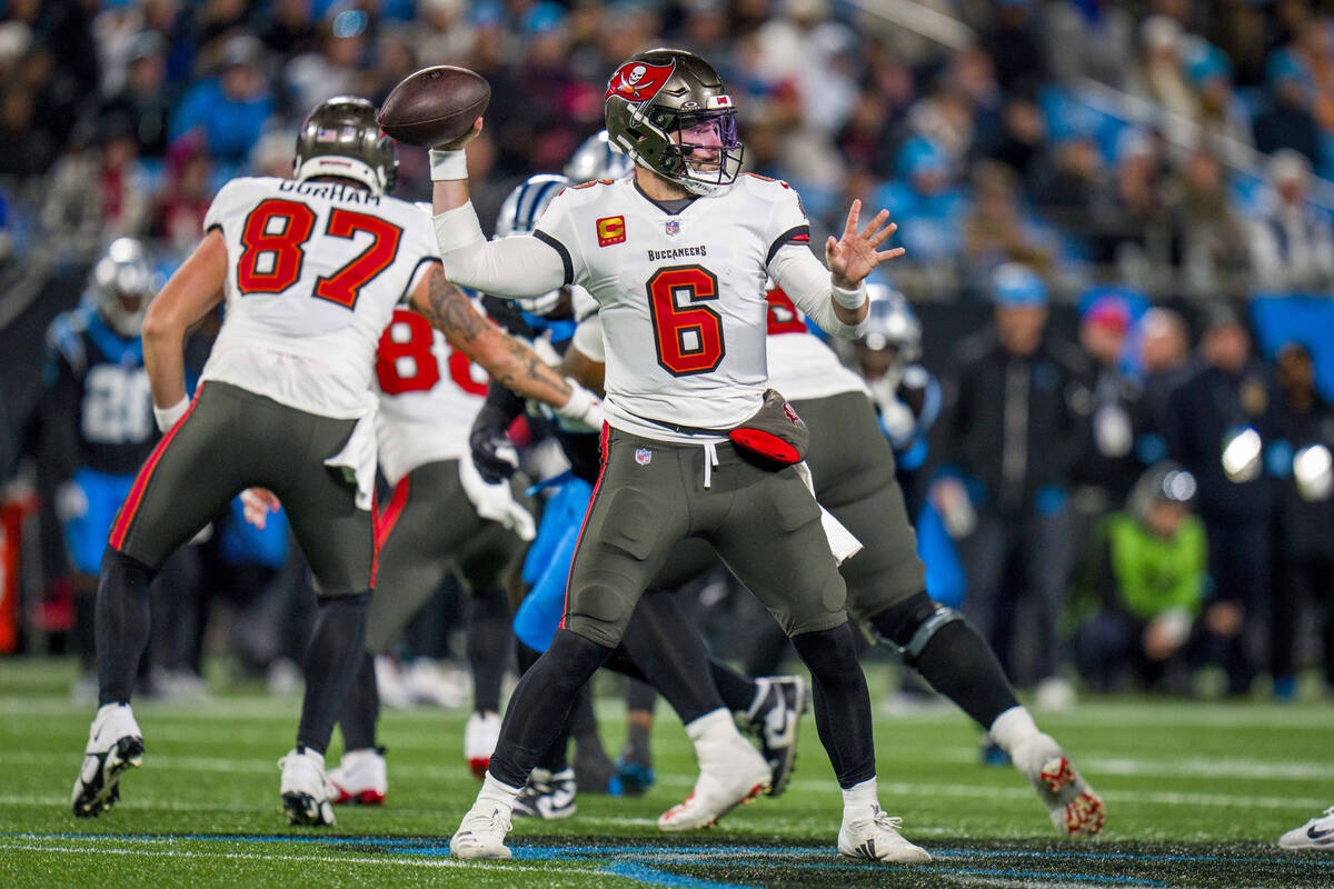 Tampa Bay Buccaneers quarterback Baker Mayfield (6) passes the ball during an NFL football game ...