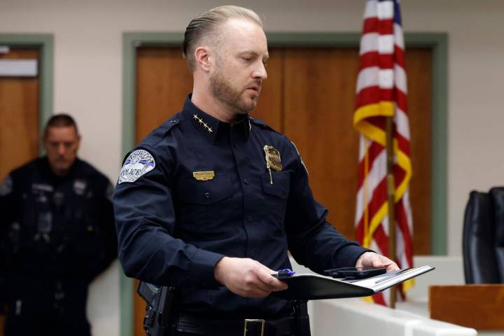 Mesquite Police Chief MaQuade Chesley prepares to speak during a City Council meeting, on Tuesd ...