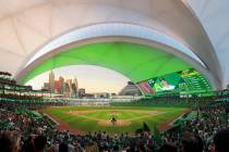 This is an undated artist’s rendering of the proposed baseball stadium for the Athletics ...