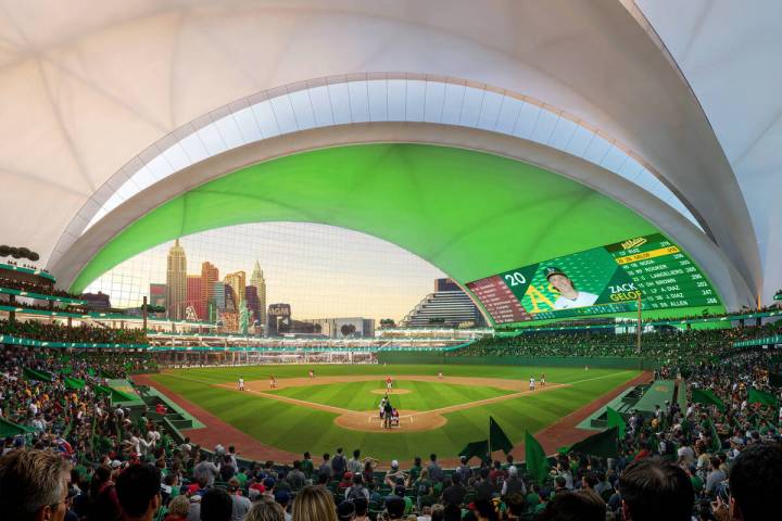 This is an undated artist’s rendering of the proposed baseball stadium for the Athletics ...