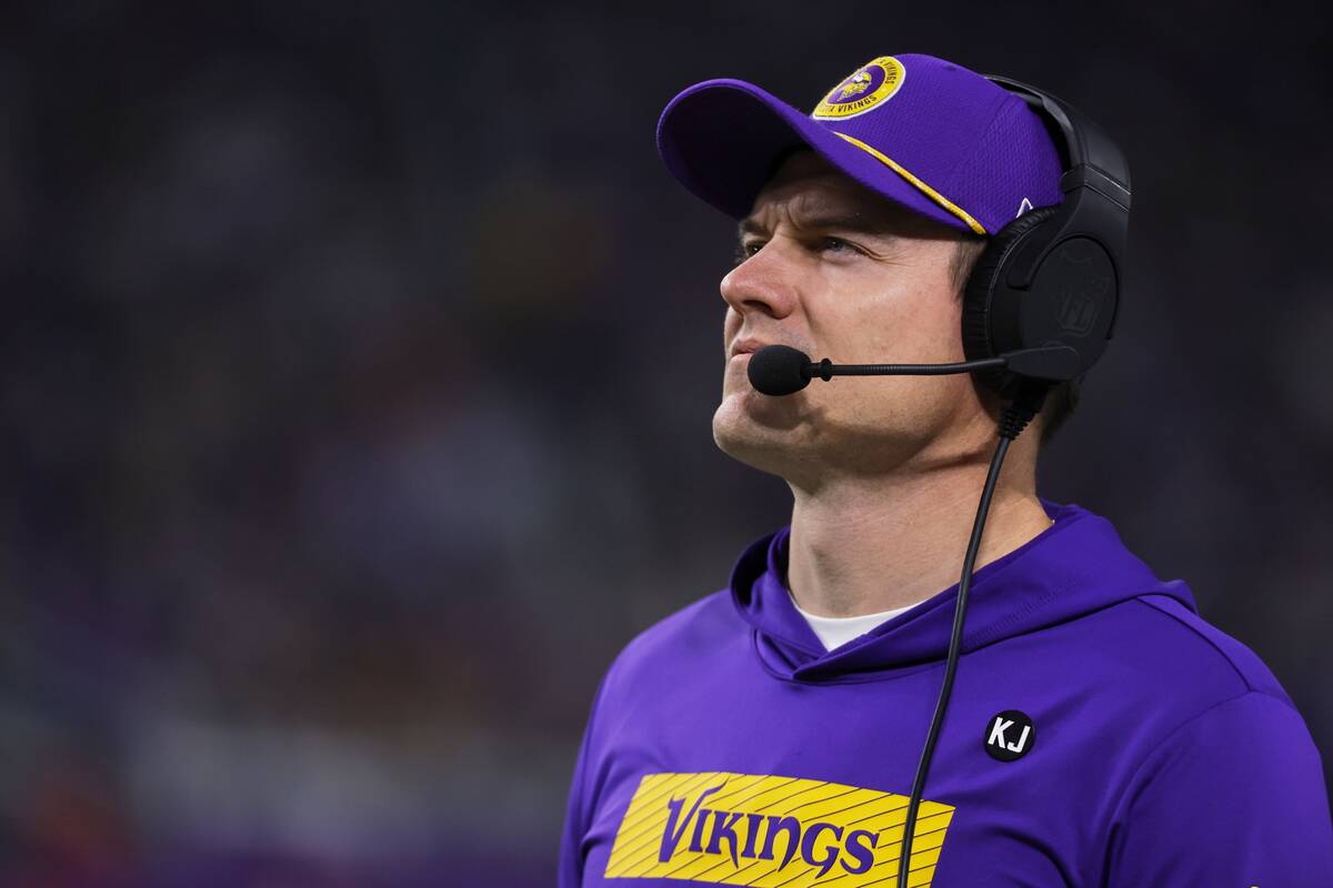 Minnesota Vikings head coach Kevin O'Connell watches during the second half of an NFL football ...