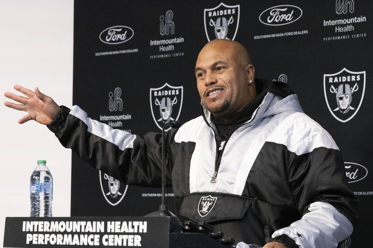 Raiders head coach Antonio Pierce addresses the media during a news conference at the Intermoun ...