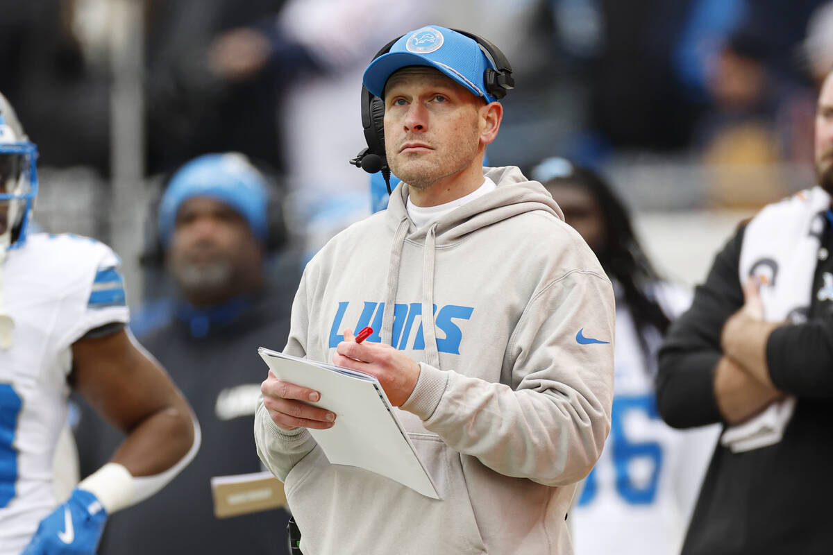FILE - Detroit Lions offensive coordinator Ben Johnson looks on from the sidelines during the f ...