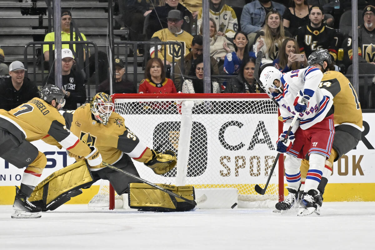 New York Rangers center Vincent Trocheck (16) score a power play goal against Vegas Golden Knig ...