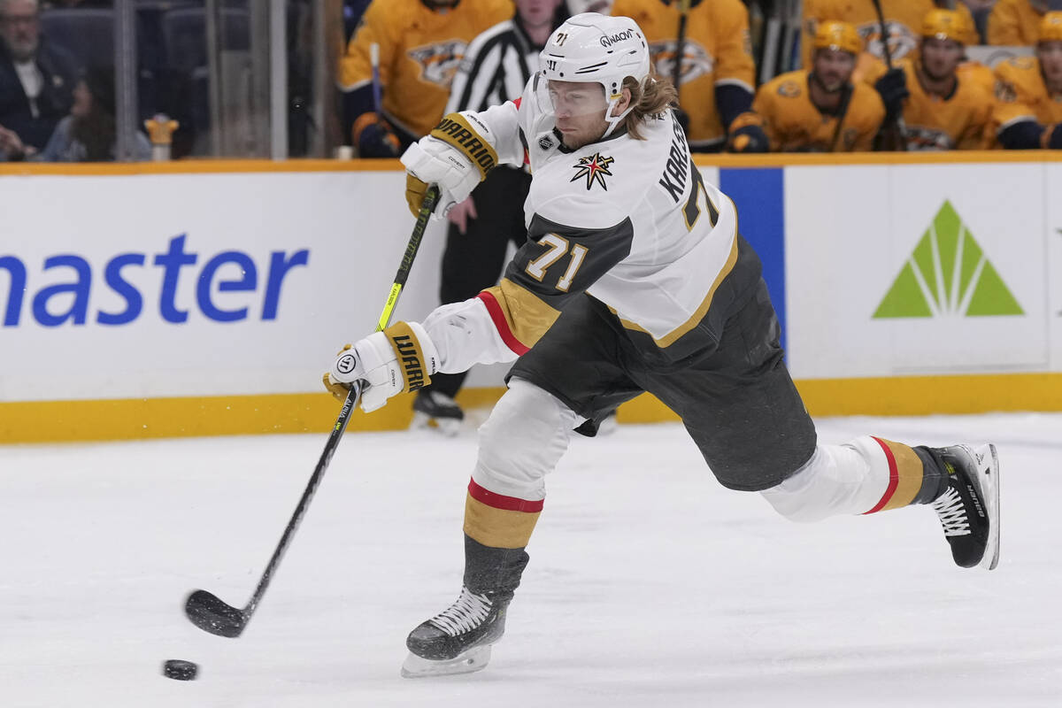 Vegas Golden Knights center William Karlsson (71) shoots the puck during the first period of an ...
