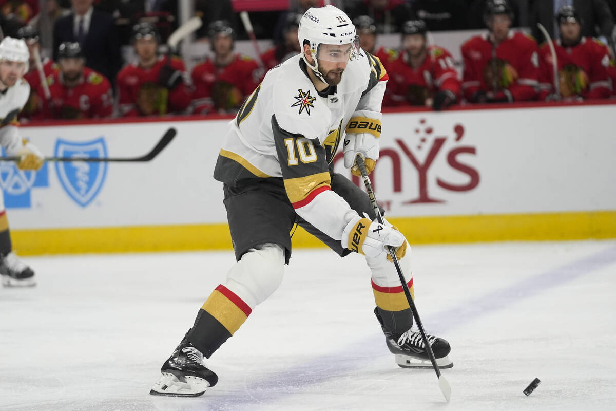 Vegas Golden Knights center Nicolas Roy (10) handles the puck during the first period of an NHL ...