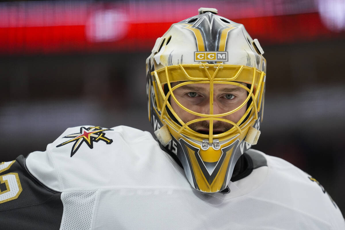 Vegas Golden Knights goaltender Adin Hill (33) warms up before an NHL hockey game against the C ...