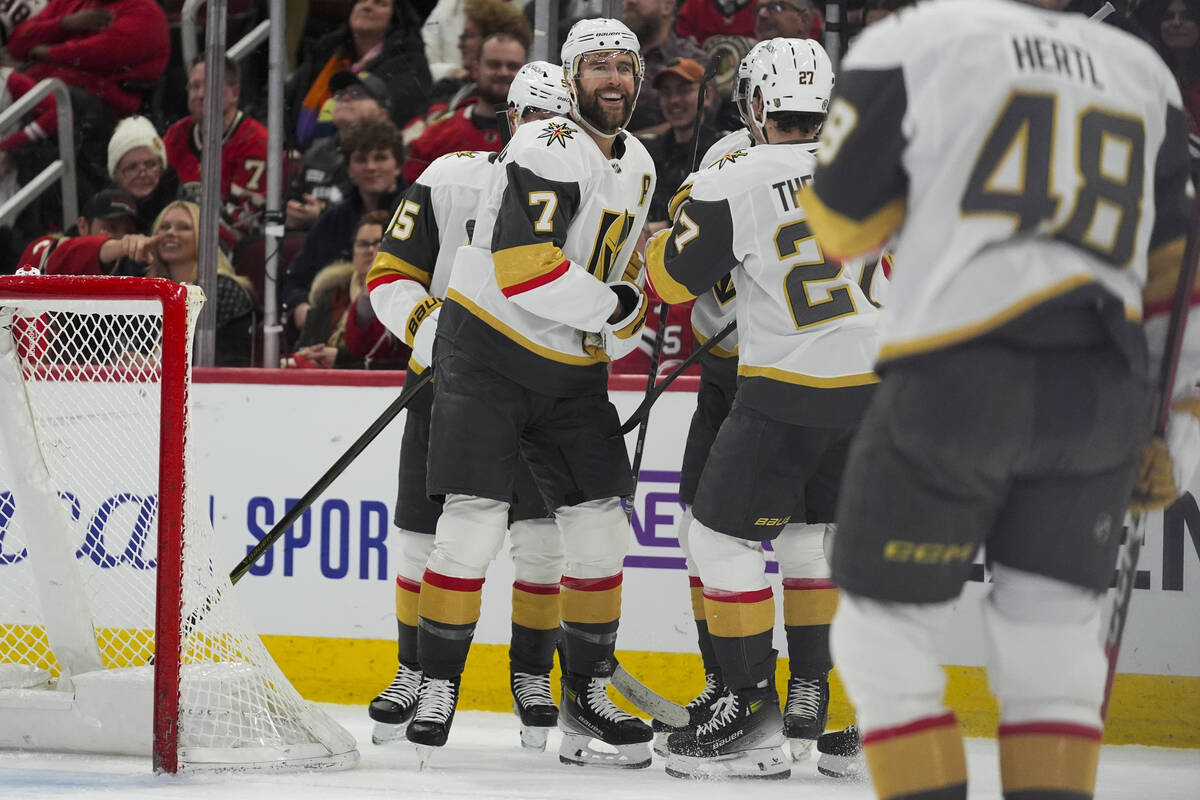 Vegas Golden Knights defenseman Alex Pietrangelo (7) celebrates his goal on the Chicago Blackha ...