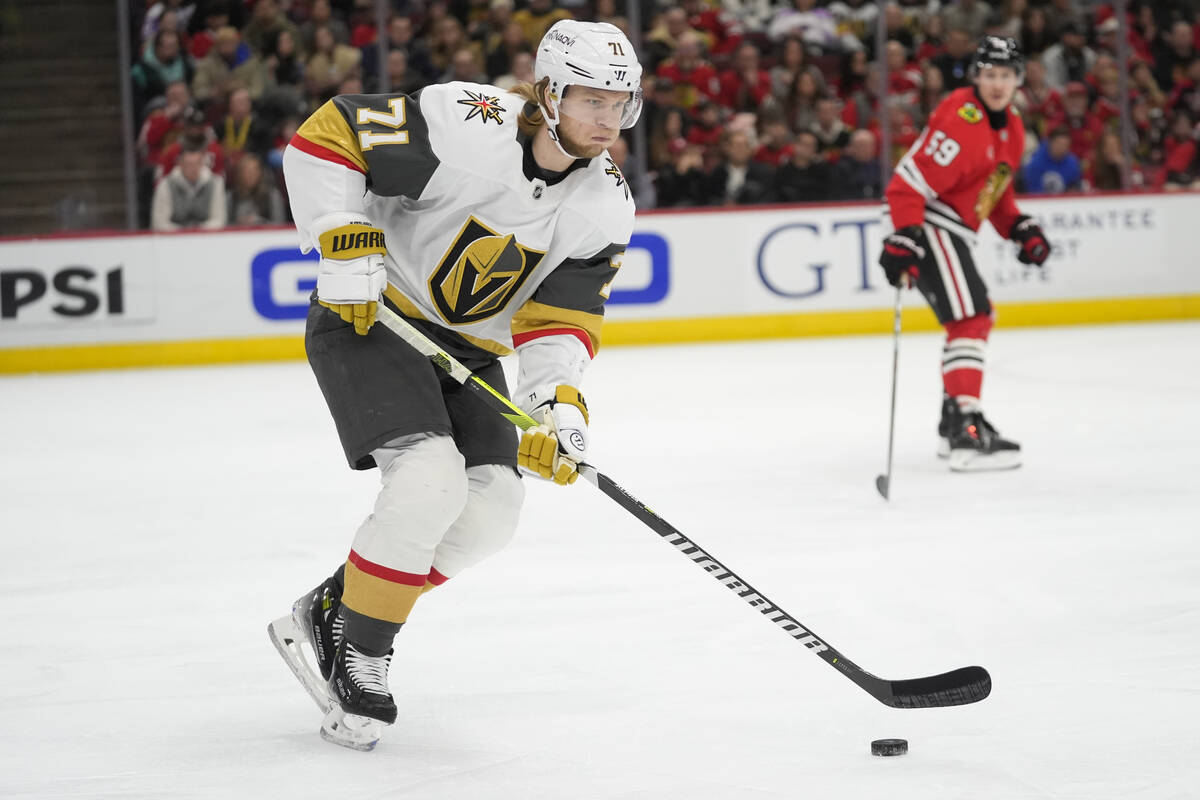 Vegas Golden Knights center William Karlsson (71) handles the puck during the first period of a ...