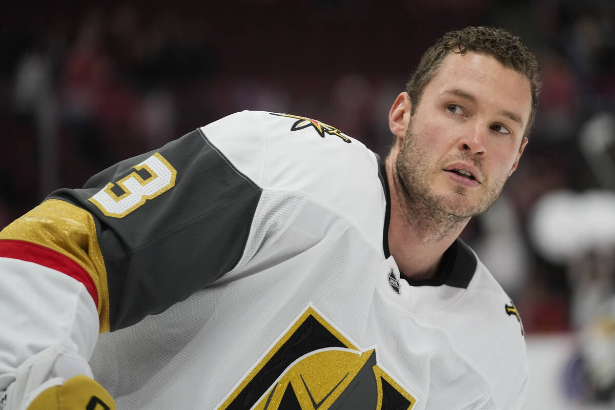 Vegas Golden Knights defenseman Brayden McNabb (3) warms up before an NHL hockey game against t ...