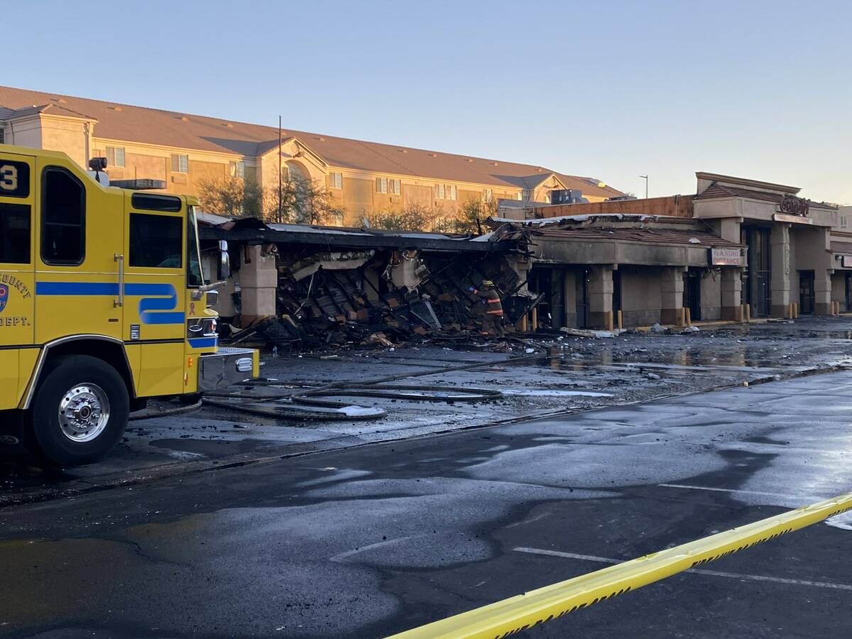 A fire destroyed a strip mall containing multiple businesses at 4080 Paradise Road in Las Vegas ...