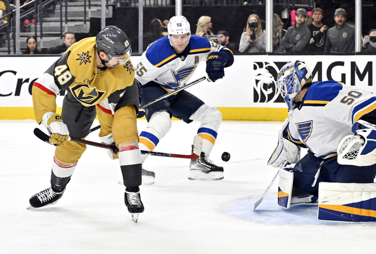 Vegas Golden Knights center Tomas Hertl (48) shoots from between his legs against St. Louis Blu ...
