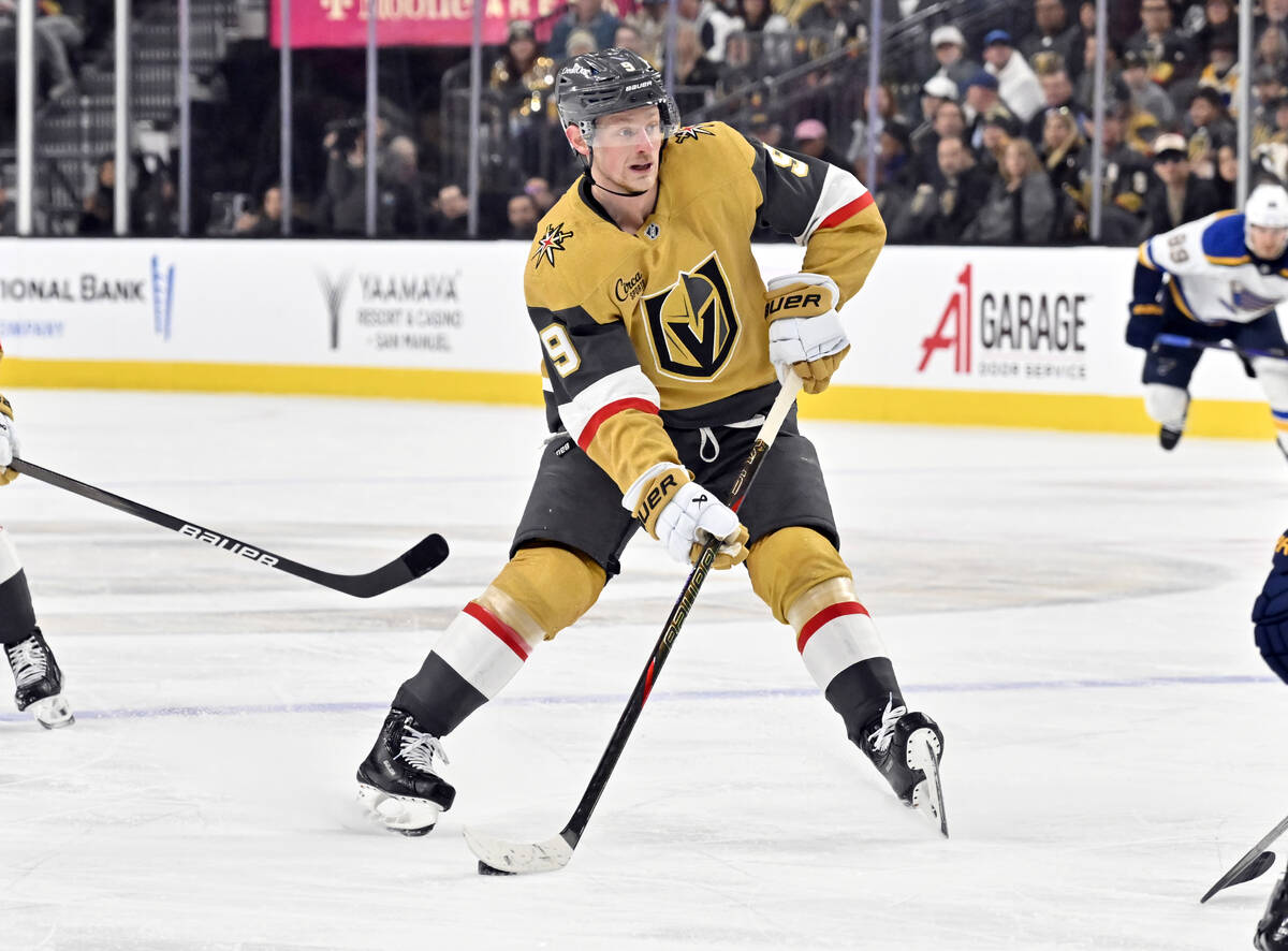Vegas Golden Knights center Jack Eichel (9) looks to pass the puck during the second period of ...