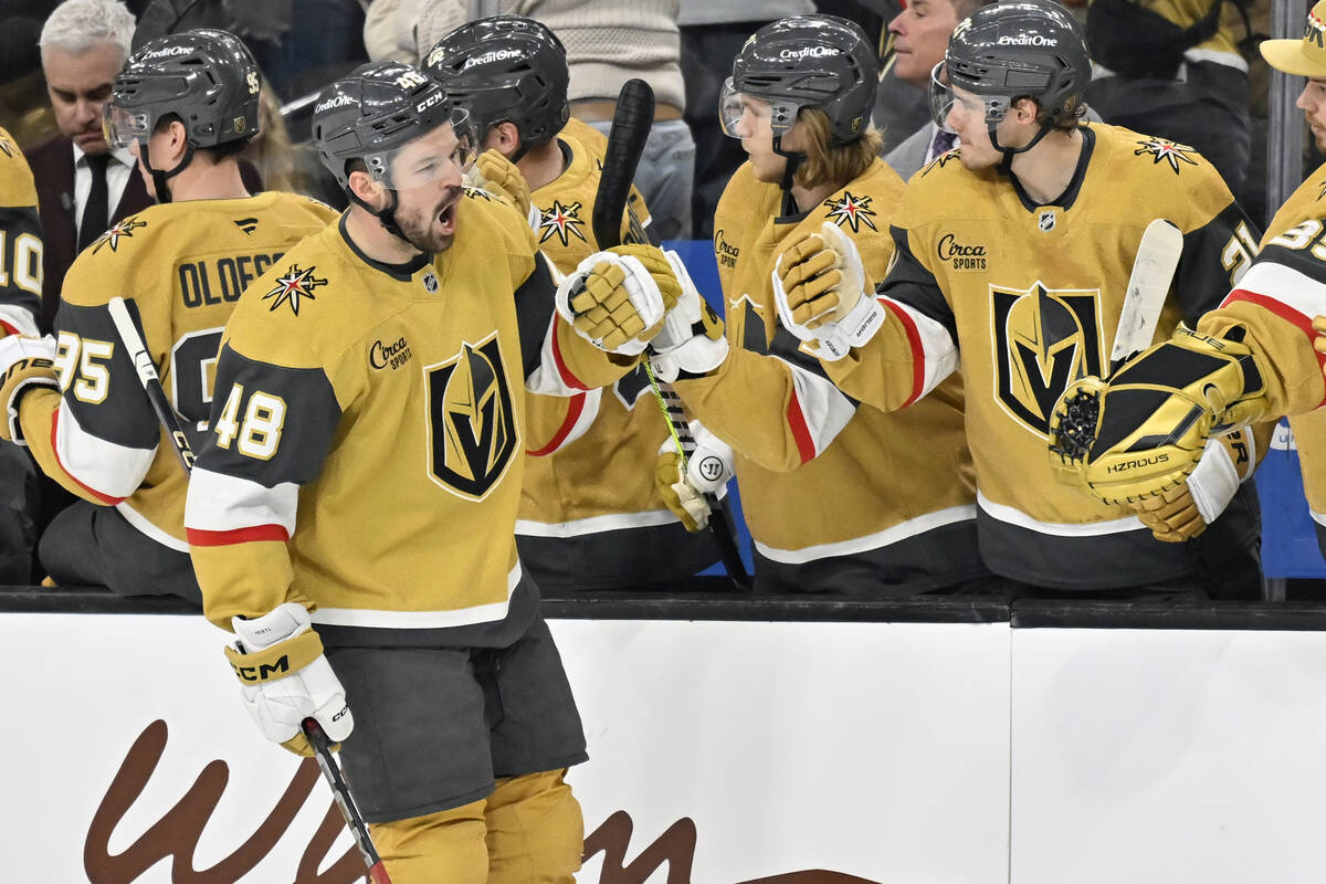 Vegas Golden Knights center Tomas Hertl celebrates his goal against the St. Louis Blues during ...