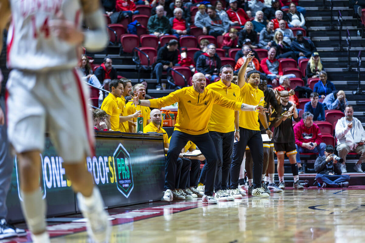 Wyoming Cowboys head coach Sundance Wicks is pumped as his team dominates UNLV during the secon ...