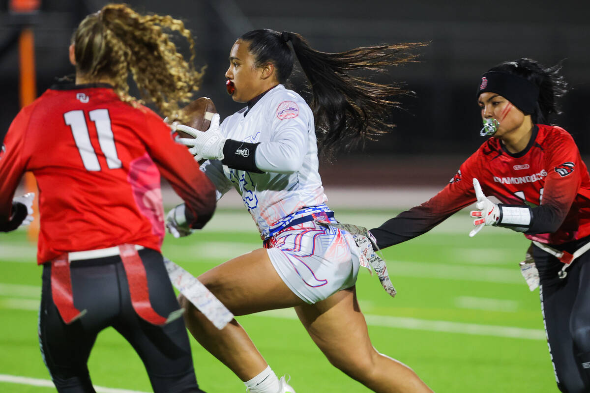 Liberty wide receiver Sheaza Lopes (13) during a flag football game between Liberty and Desert ...