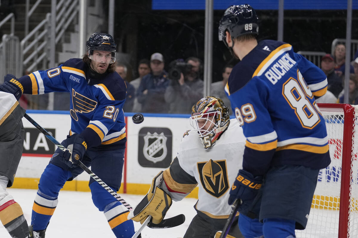 Vegas Golden Knights goaltender Ilya Samsonov keeps his eye on the puck as St. Louis Blues' Bra ...