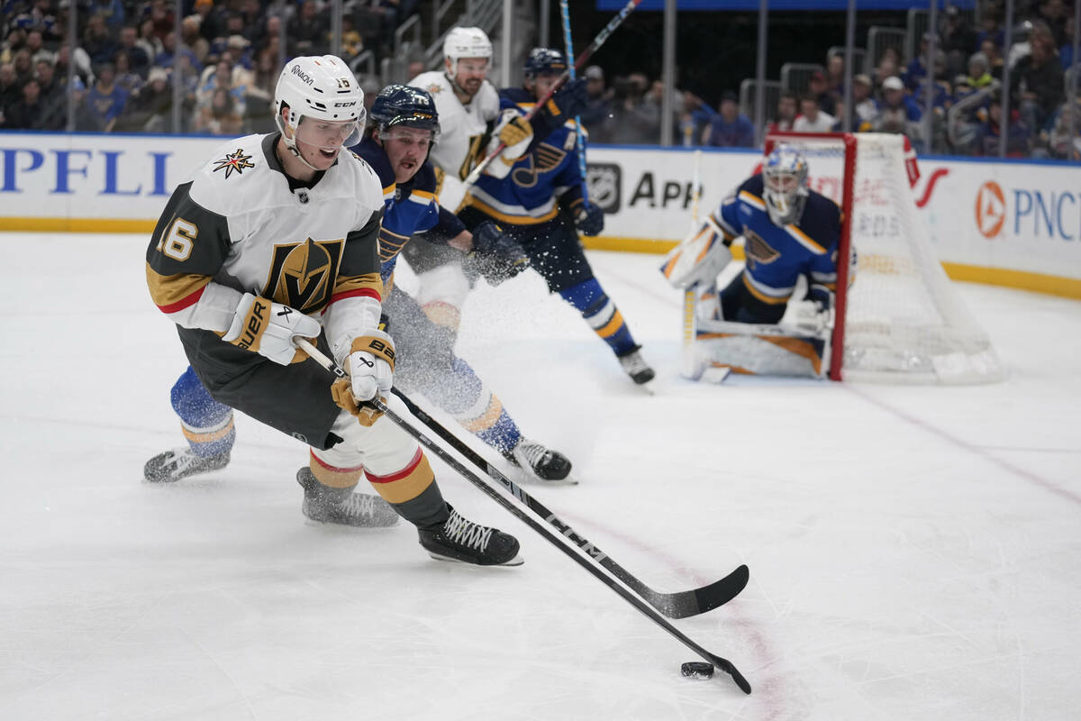 Vegas Golden Knights' Pavel Dorofeyev (16) handles the puck as St. Louis Blues goaltender Joel ...