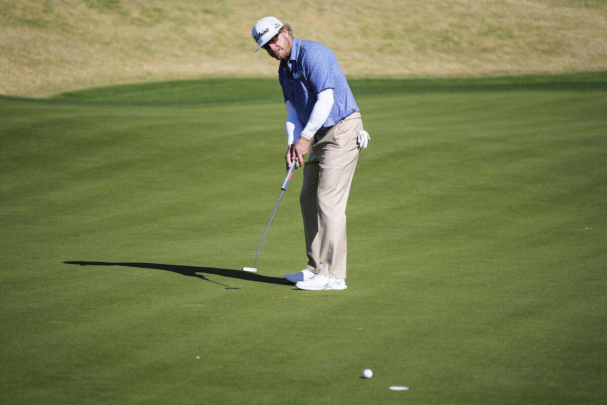 Charley Hoffman watches his missed putt at the fourth hole at the Pete Dye Stadium Course durin ...