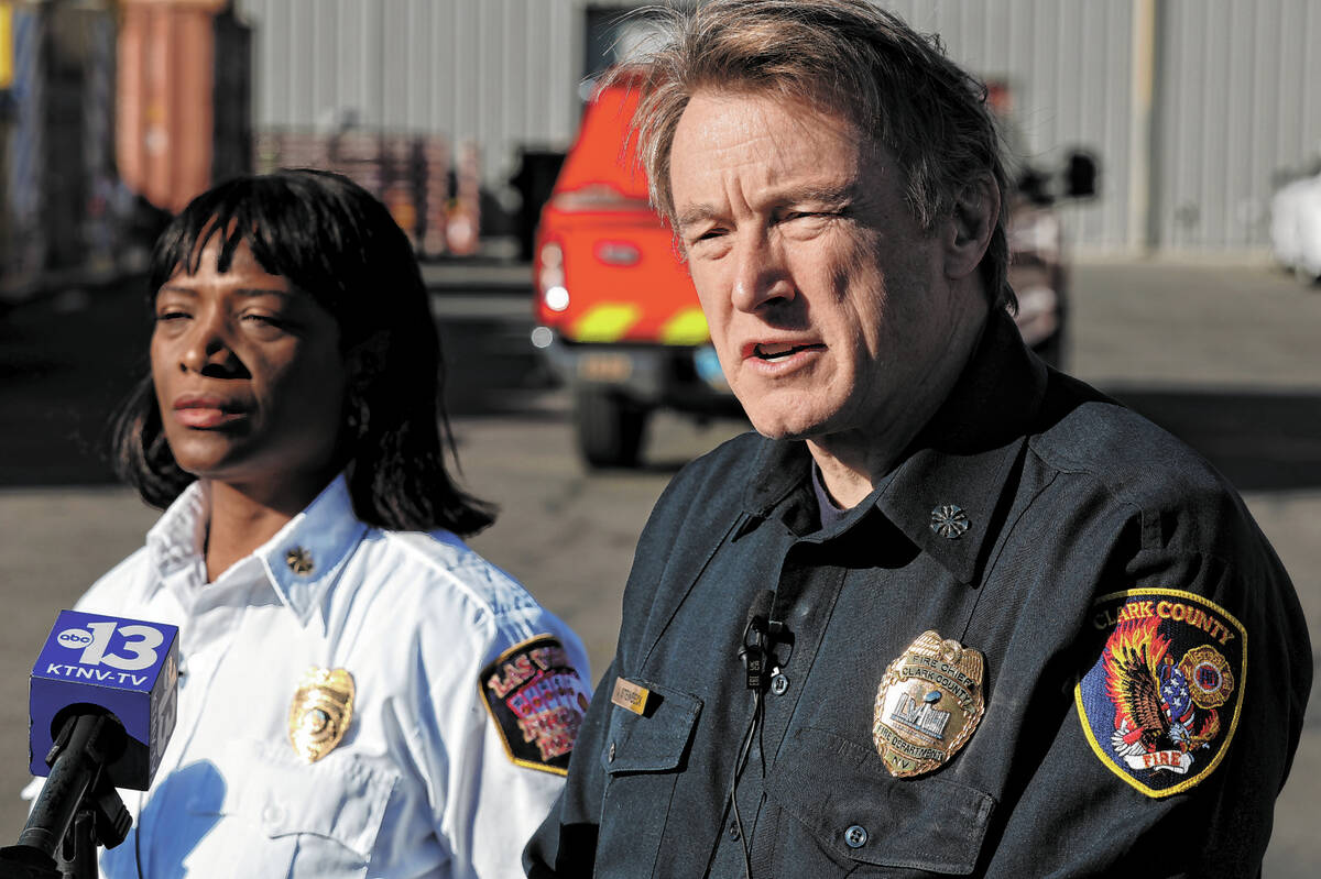 Clark County Fire Department Chief John Steinbeck and Las Vegas Fire and Rescue Deputy Chief Qu ...