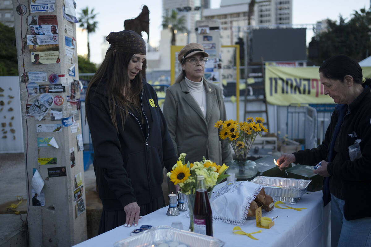 Relatives and supporters of hostages held by the Hamas militant group in the Gaza Strip mark th ...