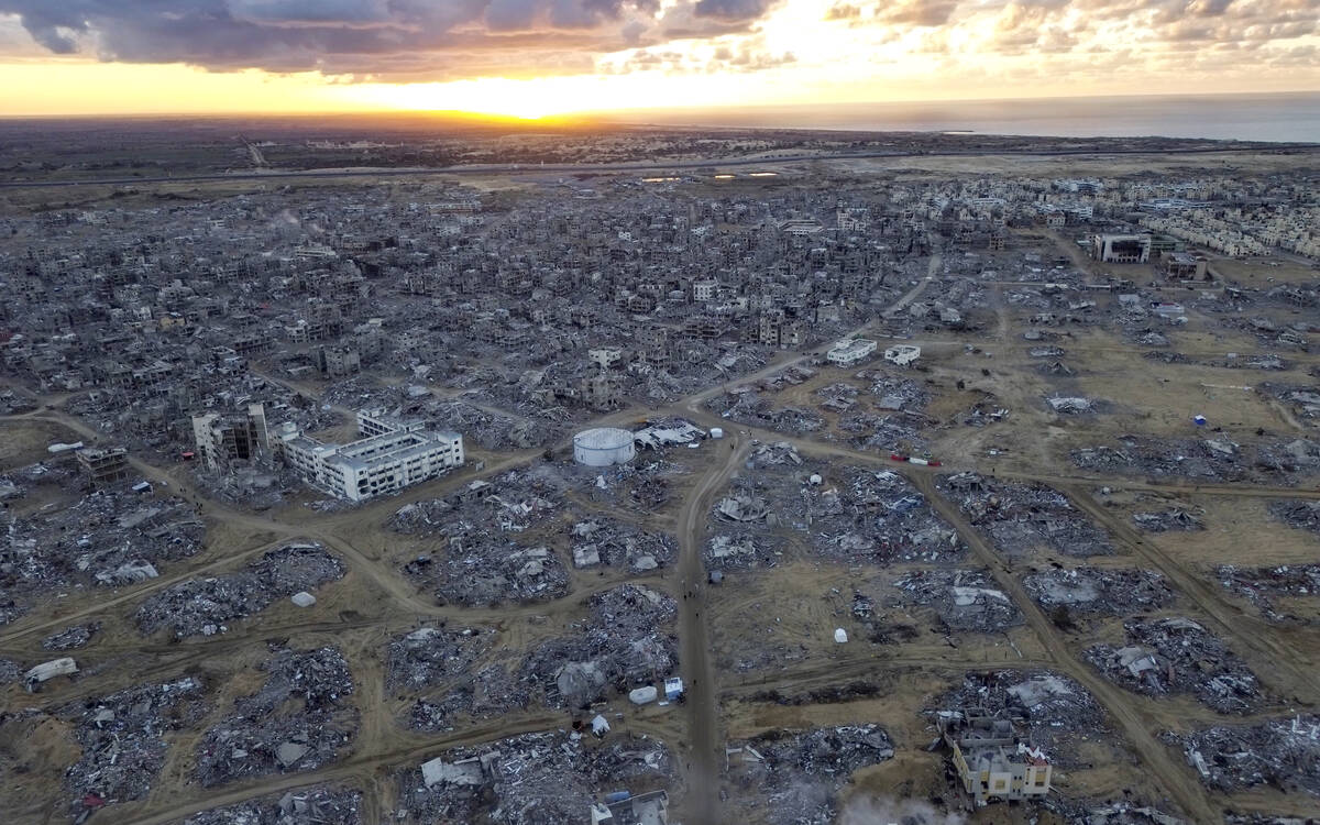 An aerial photograph taken by a drone shows the destruction caused by the Israeli air and groun ...