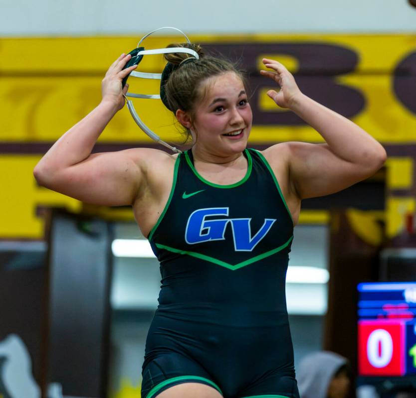 Green Valley’s Kaija Ashcroft is pleased by her quick pin over Valley’s Lady Jose ...