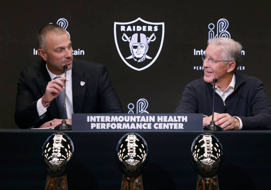 The new Raiders general manager John Spytek speaks as new head coach Pete Carroll looks on duri ...