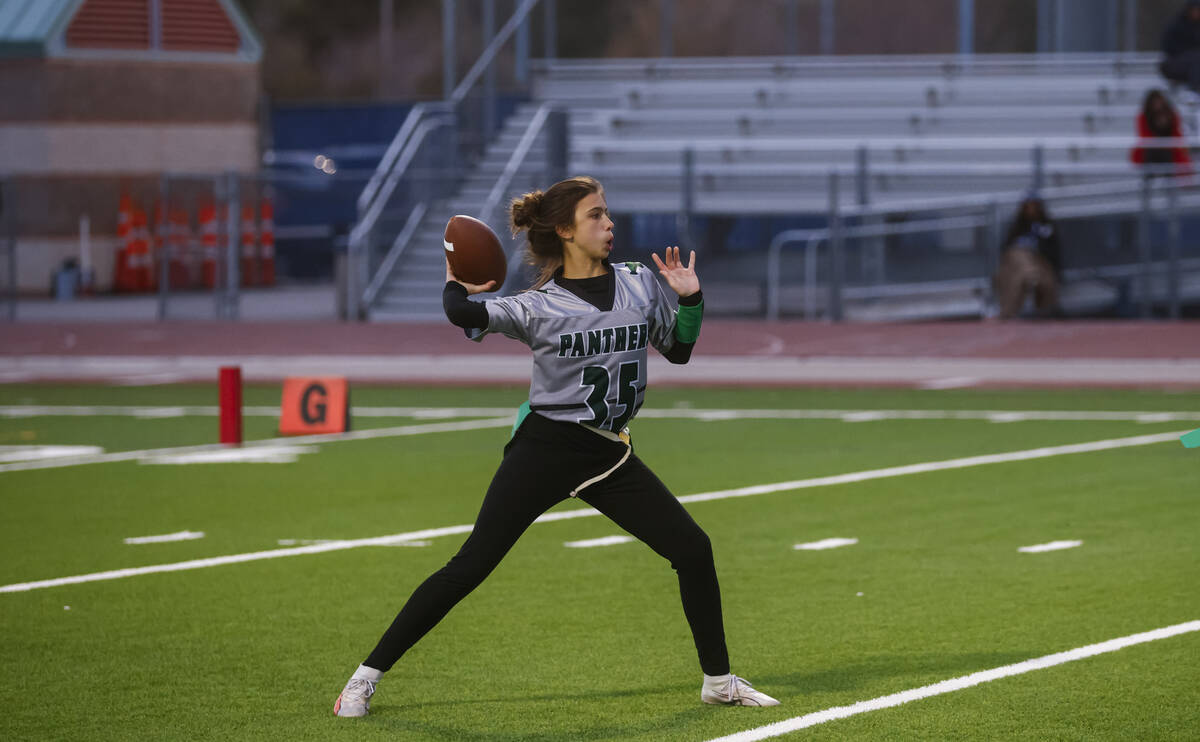 Palo Verde quarterback Yolana Huff (35) throws a pass during a flag football game at Shadow Rid ...