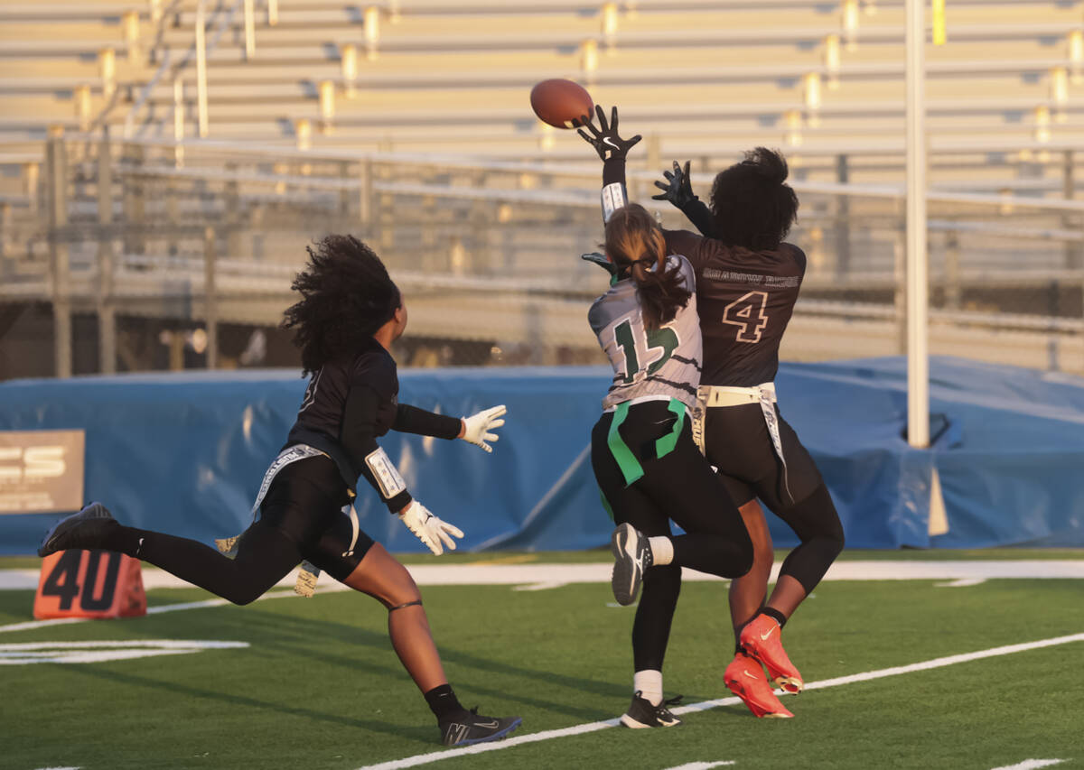 Shadow Ridge's Tyriel Cole (4) intercepts a pass intended for Palo Verde's Alexis Manzo (15) du ...