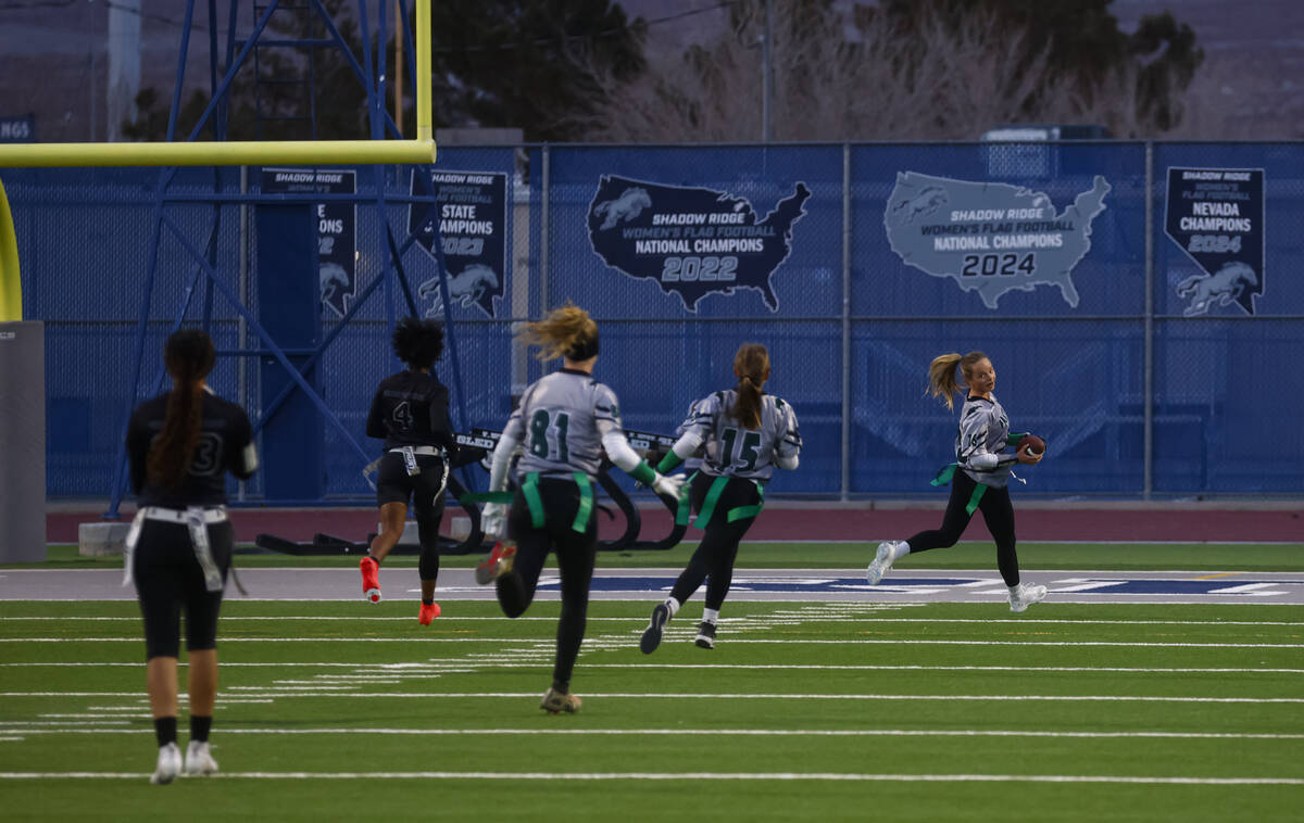 Palo Verde's Samantha Manzo (26) scores a touchdown during a flag football game at Shadow Ridge ...