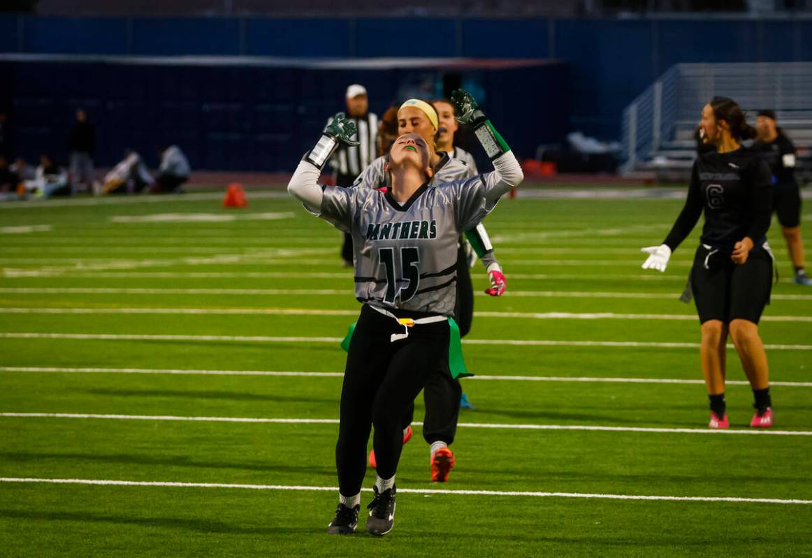 Palo Verde's Alexis Manzo (15) reacts after nearly intercepting a pass during a flag football g ...