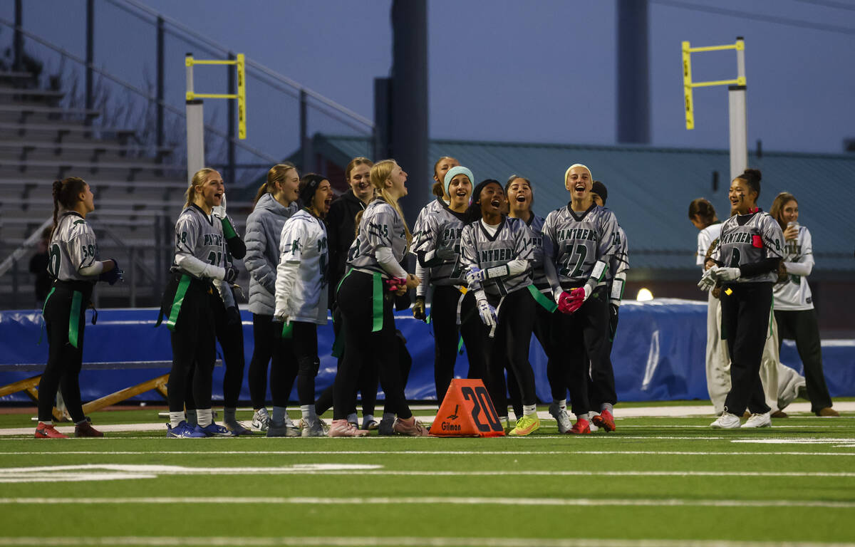 Palo Verde players celebrate after a touchdown during a flag football game at Shadow Ridge High ...
