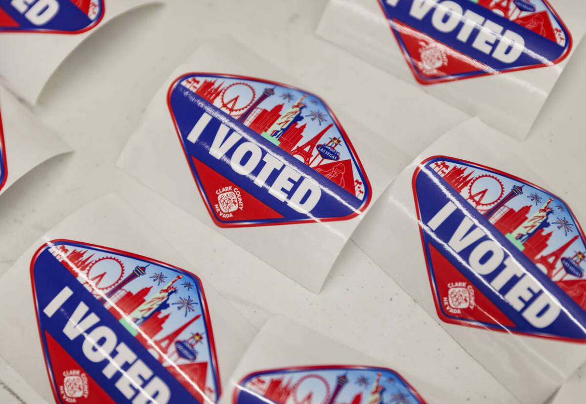 Stickers at a vote center at the East Las Vegas Library, Tuesday, Nov. 5, 2024. (Las Vegas Revi ...