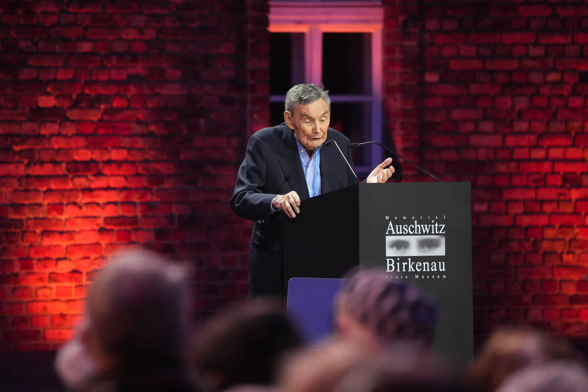 Holocaust survivor Marian Turski addresses guests at the Auschwitz-Birkenau former Nazi German ...