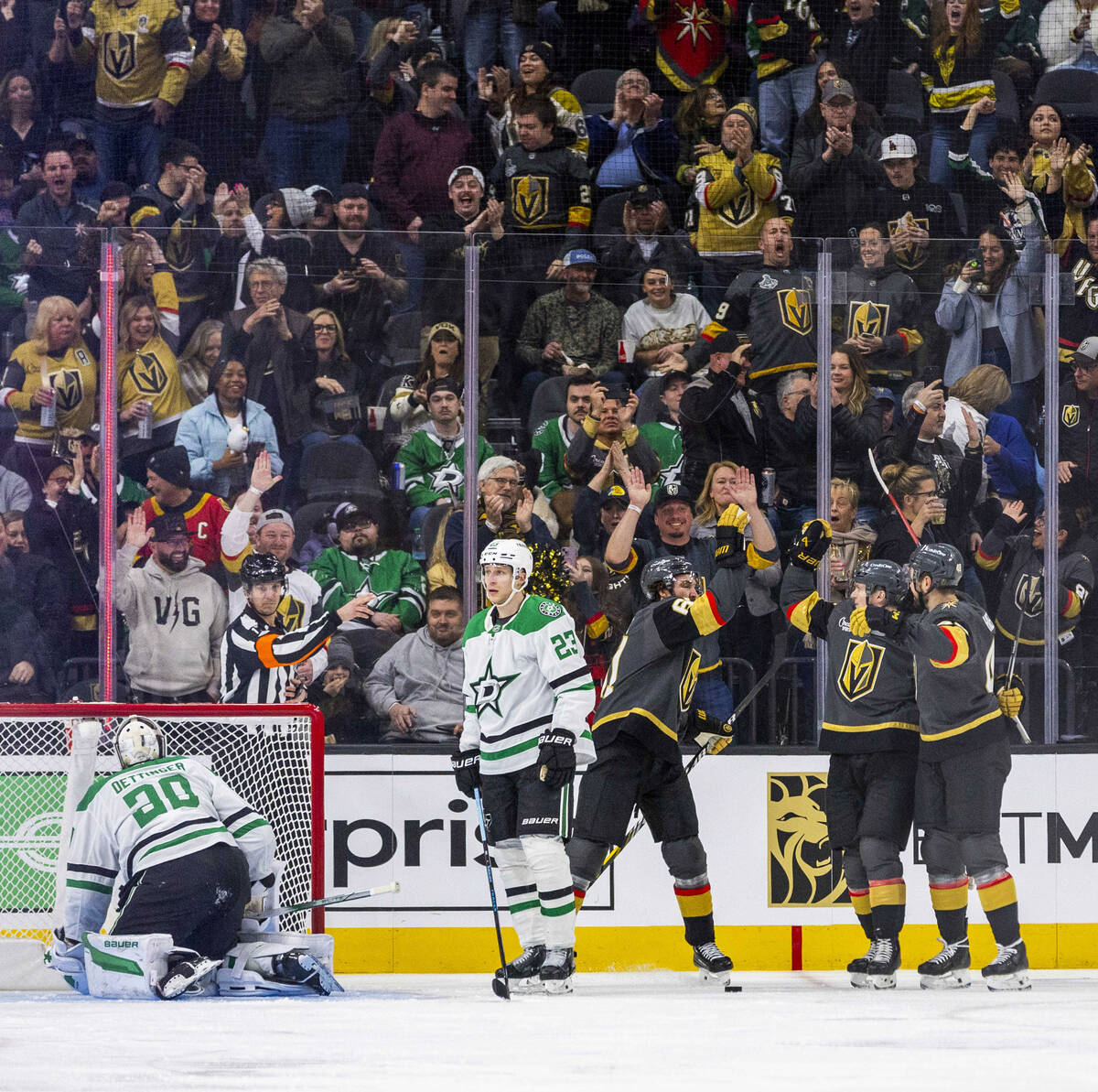 Golden Knights left wing Pavel Dorofeyev (16) and teammates celebrate a goal over Dallas Stars ...