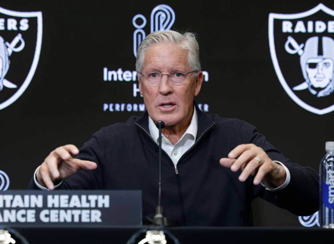 Pete Carroll speaks after being introduced as the new Raiders head coach during a press confere ...