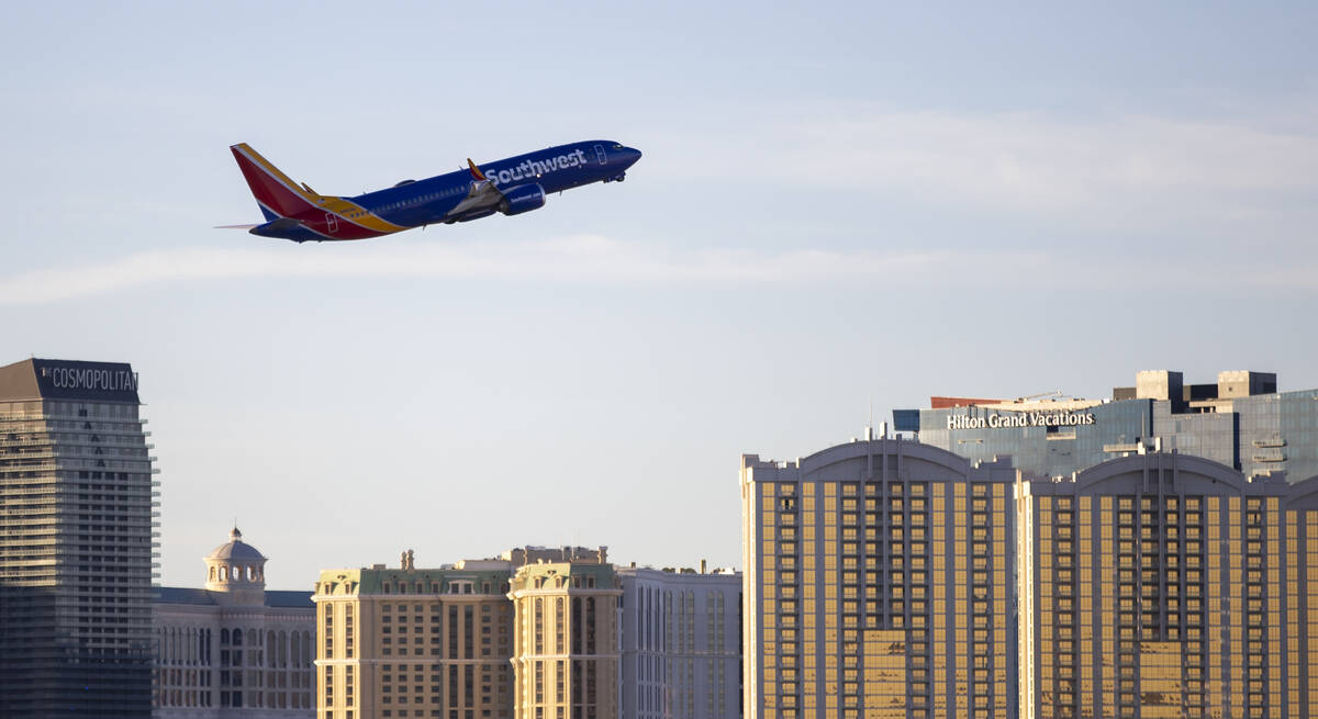 A Southwest Airlines flight leaves from Harry Reid International Airport, Tuesday, Nov. 19, 202 ...