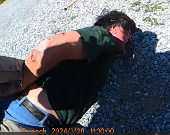 Provided body-worn camera footage from Nye County from March 2024 shows a handcuffed and bloodi ...