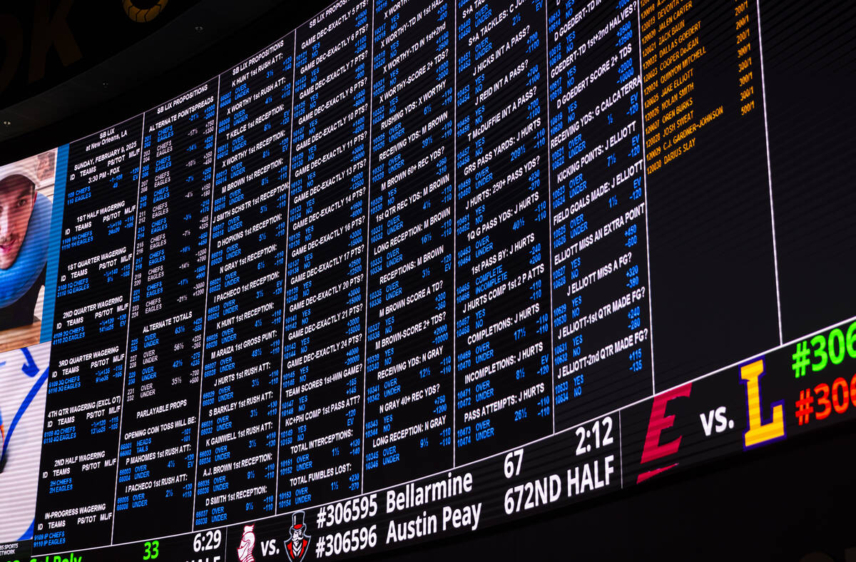 Prop bets are posted at the Westgate Superbook for Super Bowl 59 between the Kansas City Chiefs ...
