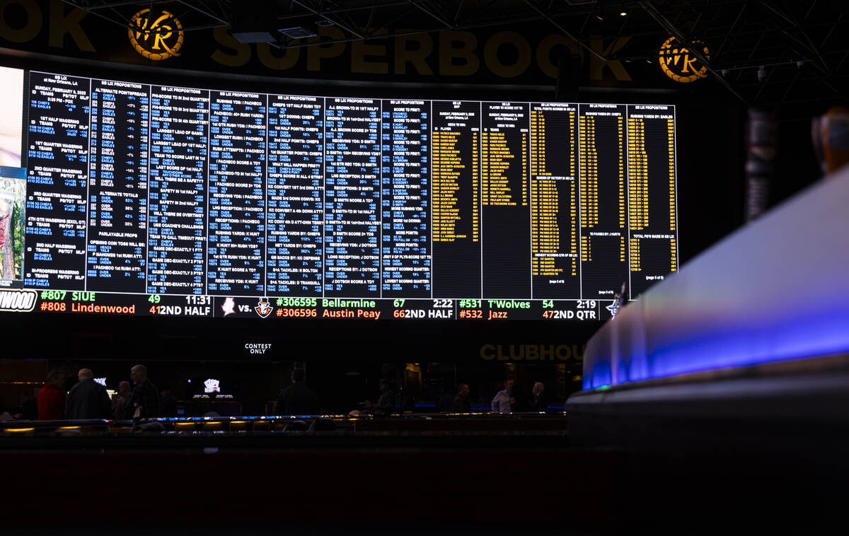 Prop bets are posted at the Westgate Superbook for Super Bowl 59 between the Kansas City Chiefs ...