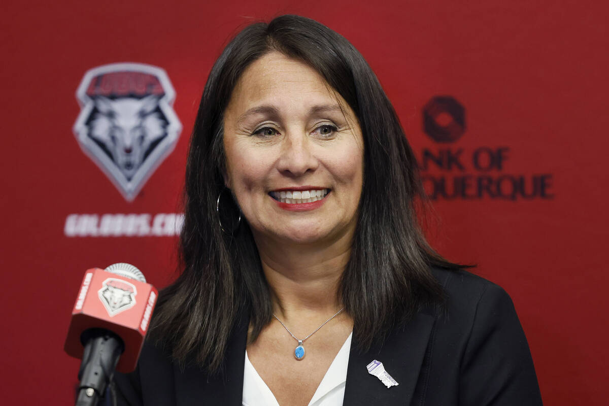 FILE - Gloria Nevarez speaks during a news conference before an NCAA college basketball game be ...