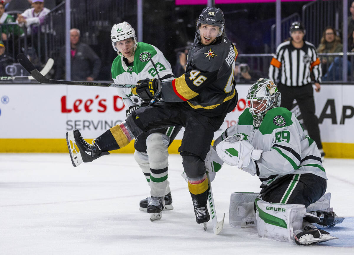 Golden Knights right wing Jonas Rondbjerg (46) and Dallas Stars defenseman Esa Lindell (23) wat ...