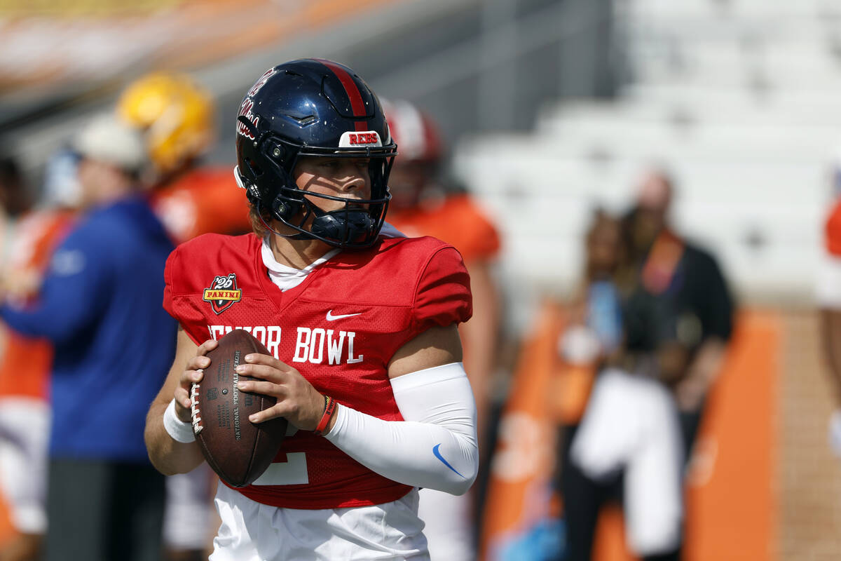 American team quarterback Jaxson Dart of Ole Miss (2) runs through drills during practice for t ...